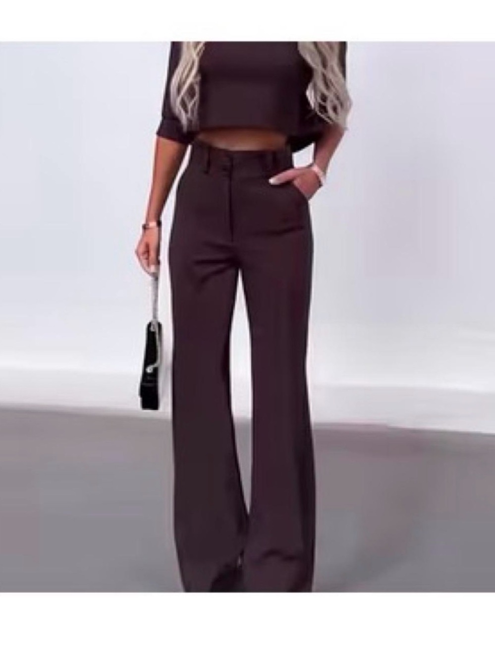 Long sleeve crop top & High-Waist Wide-Leg Pant set in burgundy